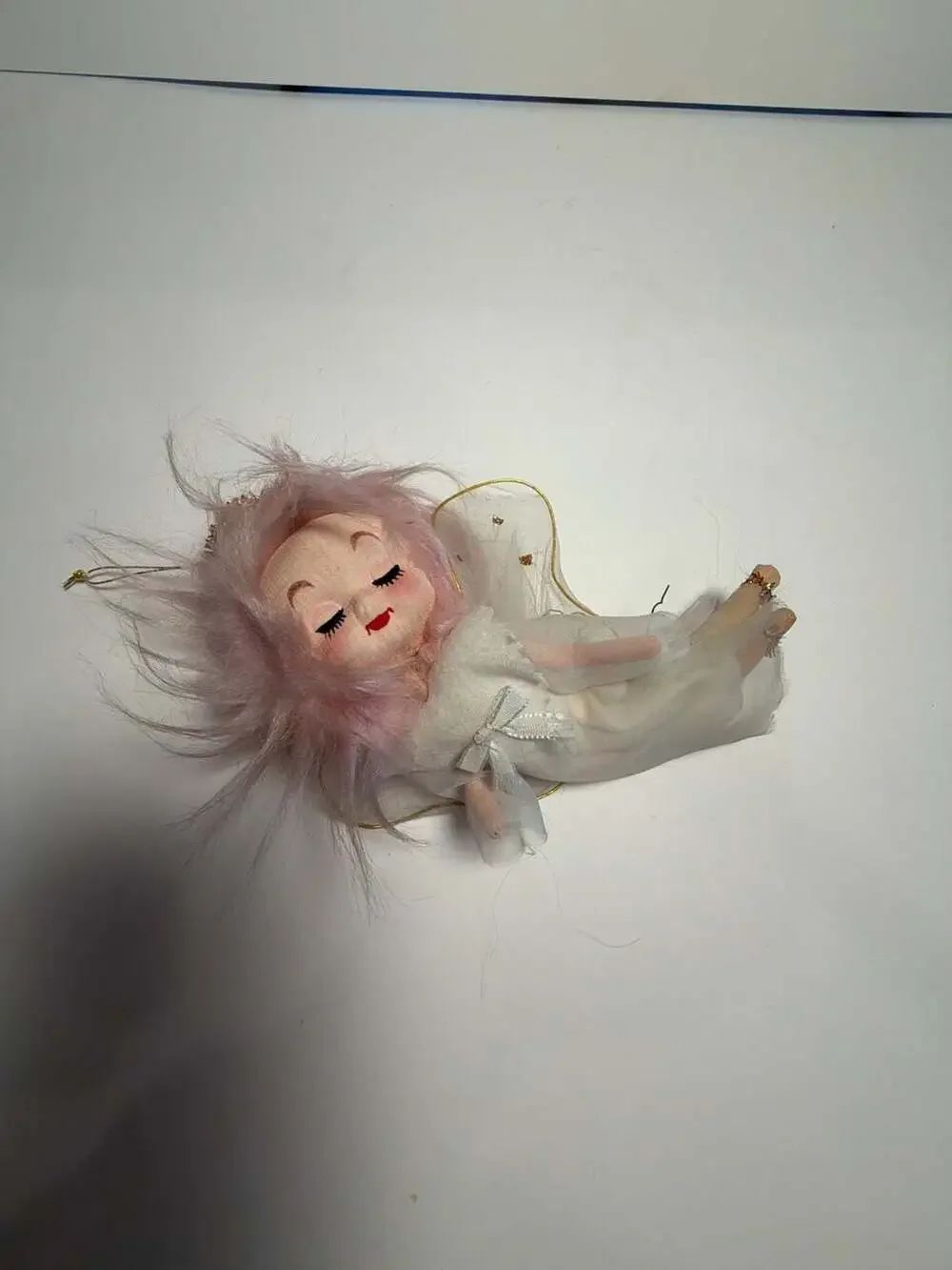 Vintage Mid-Century Japan Pink Hair Pixie Angel Ornament with Tulle Wings